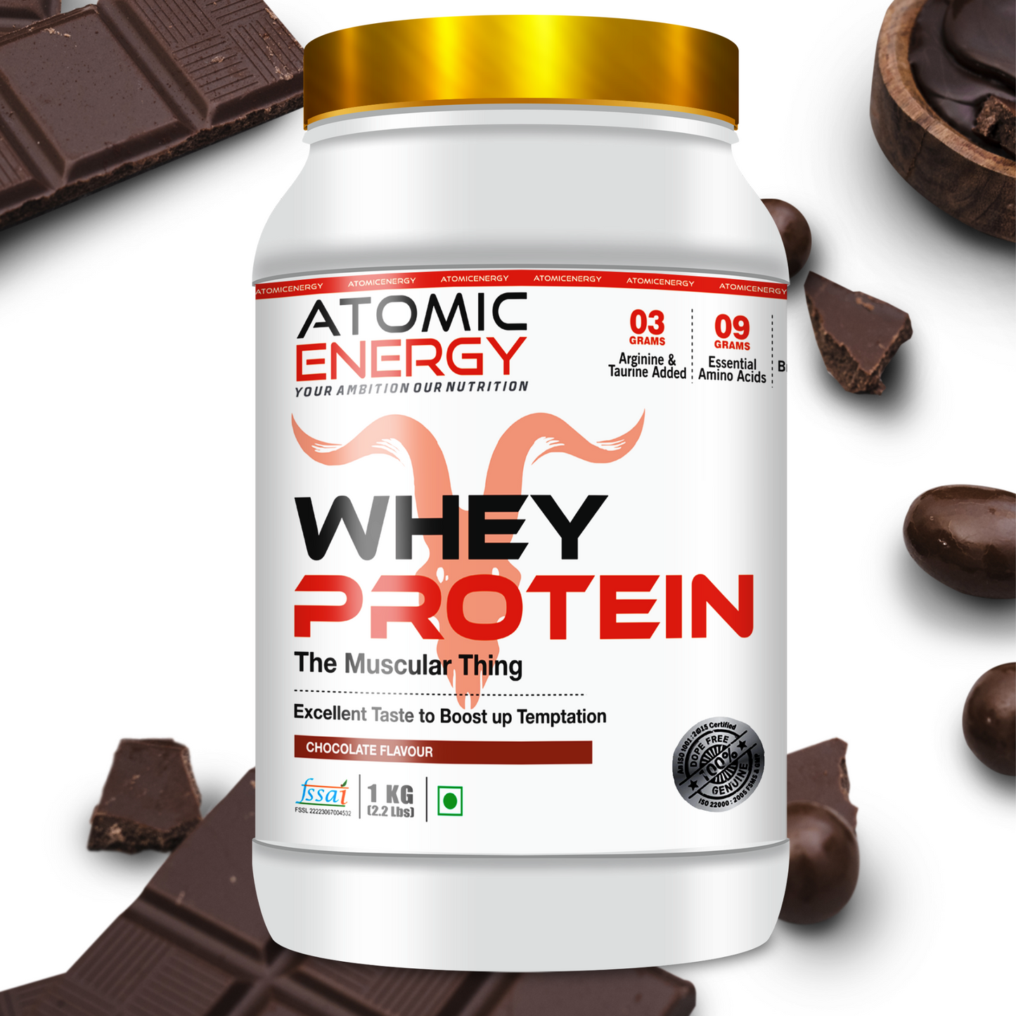 Atomic Energy Premium Whey Protein 1kg l 24g Protein For Muscle Building &amp; Recovery, 30 Servings (1kg, Chocolate)