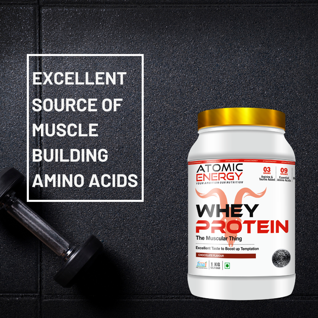 Atomic Energy Premium Whey Protein 1kg l 24g Protein For Muscle Building &amp; Recovery, 30 Servings (1kg, Chocolate)