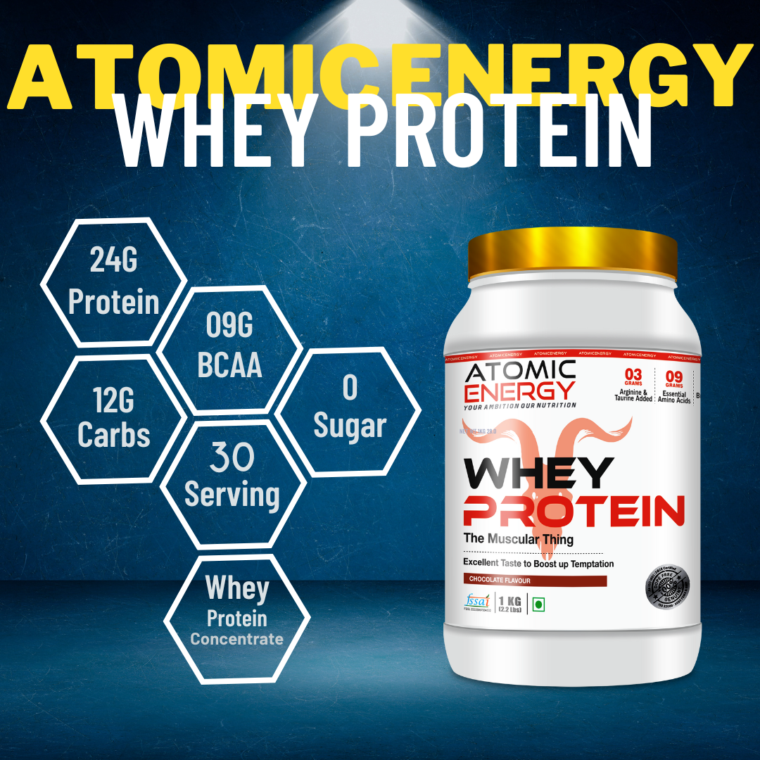 Atomic Energy Premium Whey Protein 1kg l 24g Protein For Muscle Building &amp; Recovery, 30 Servings (1kg, Chocolate)