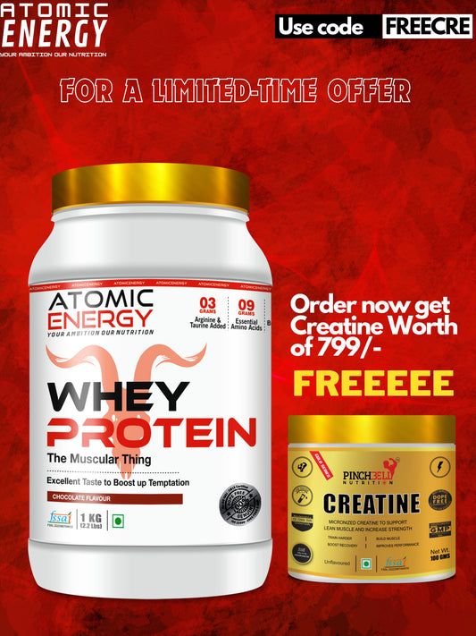 LIMITED EDITION Atomic Energy Premium Whey Protein 1kg l 24g Protein For Muscle Building &amp; Recovery, 30 Servings (1kg, Chocolate)