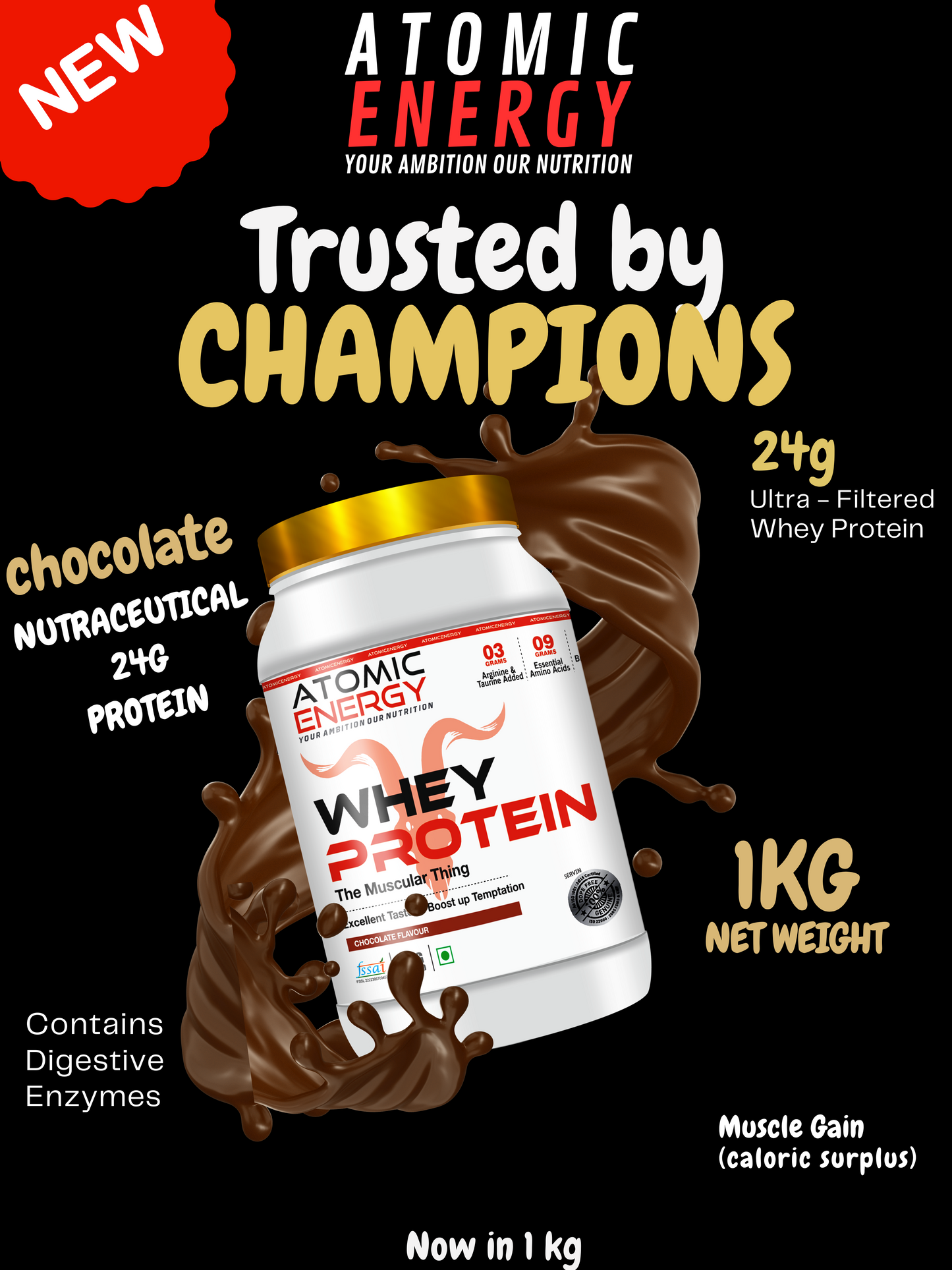 Atomic Energy Premium Whey Protein 1kg l 24g Protein For Muscle Building &amp; Recovery, 30 Servings (1kg, Chocolate)